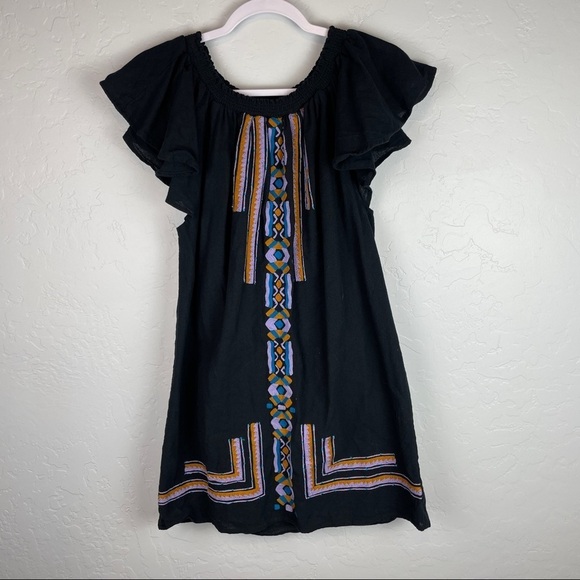 Piper By Townsen‎ Black Off The Shoulder Embroidered Cotton Mini Dress Women's S - Picture 1 of 7